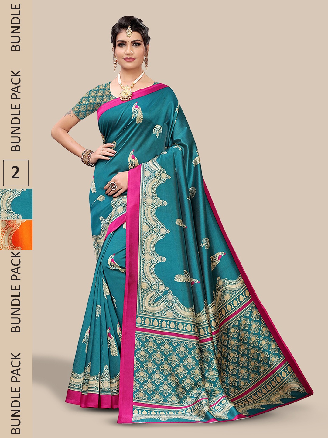 

Poshyaa Pack Of 2 Ethnic Motifs Printed Mysore Silk Saree, Turquoise blue