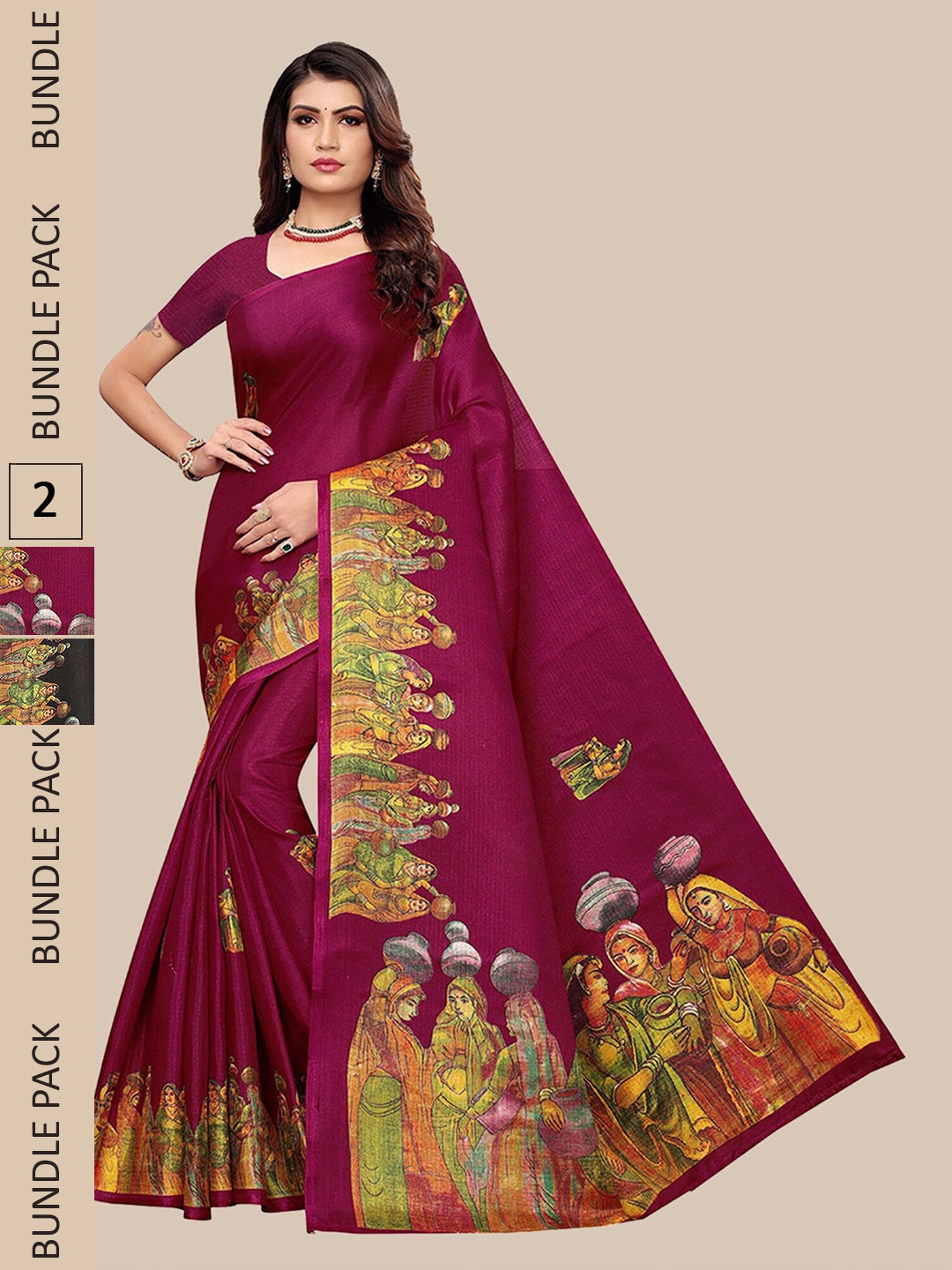 

Poshyaa Pack of 2 Ethnic Motifs Art Silk Mysore Silk Saree, Black