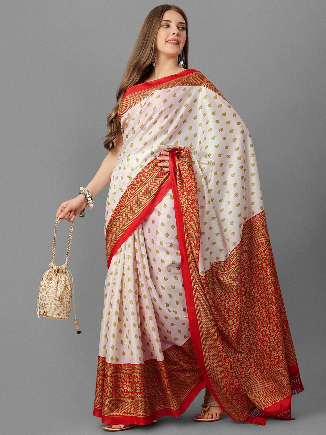 

GORGONE Ethnic Motifs Printed Saree, White