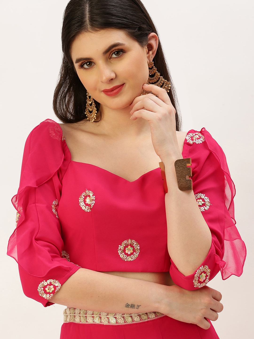 

Ethnovog Pink Embroidered Ruffle Style Silk Saree Blouse