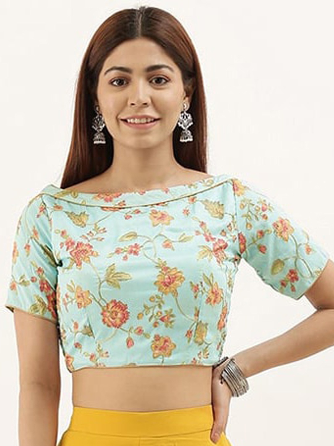

Ethnovog Floral Printed & Embroidered Boat Neck Blouse, Blue