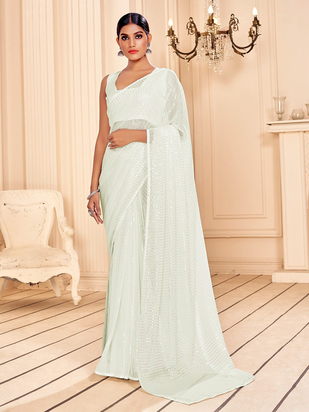 

Mitera White Embellished Sequinned Pure Georgette Saree