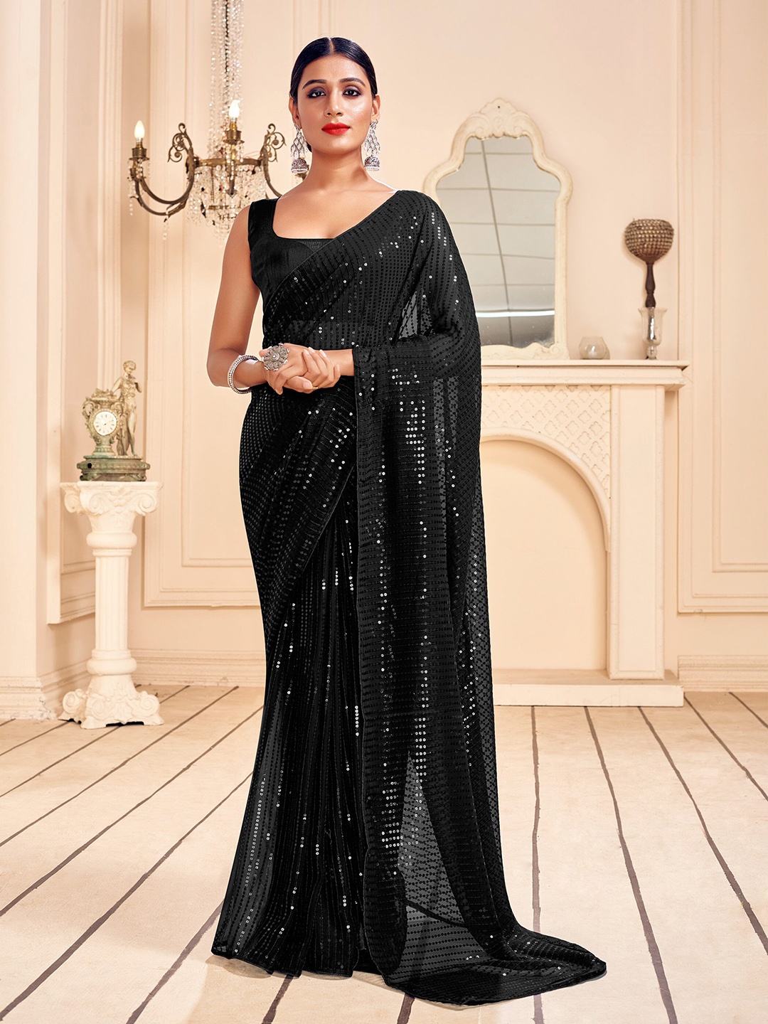 

Mitera Black Embellished Sequinned Pure Georgette Saree