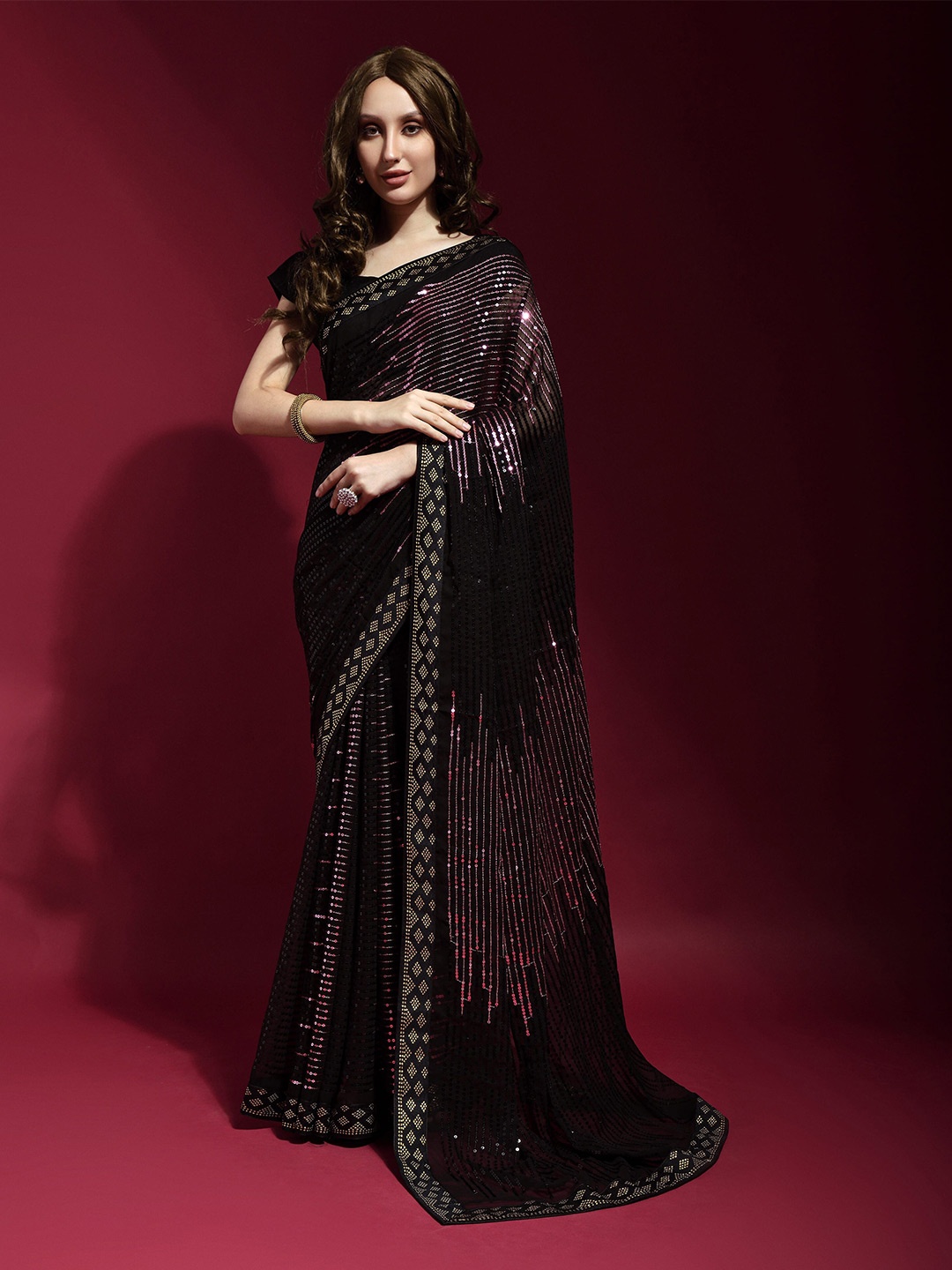 

Mitera Black & Violet Embellished Sequinned Pure Georgette Saree