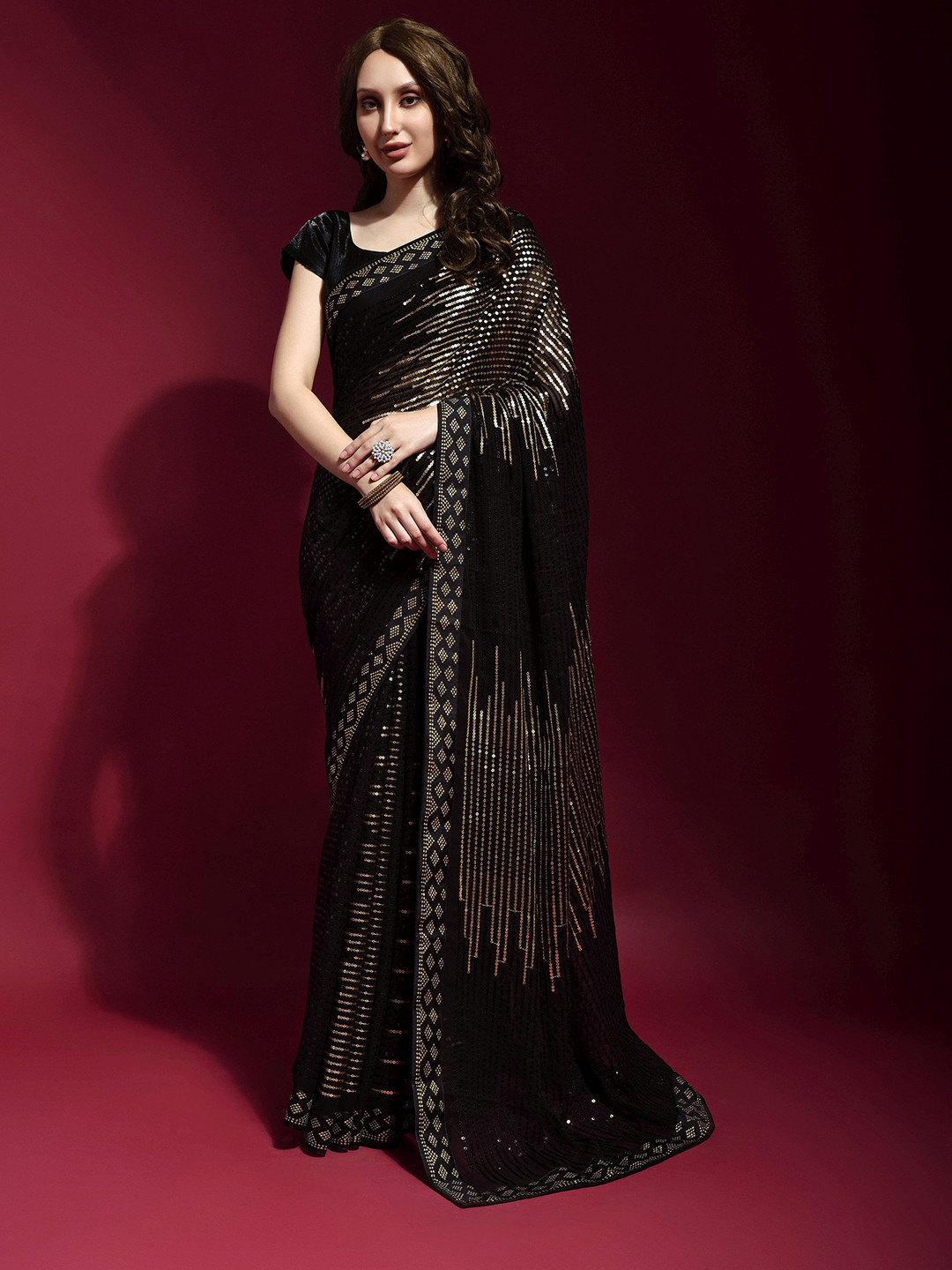 

Mitera Black & Gold-Toned Embellished Sequinned Pure Georgette Saree