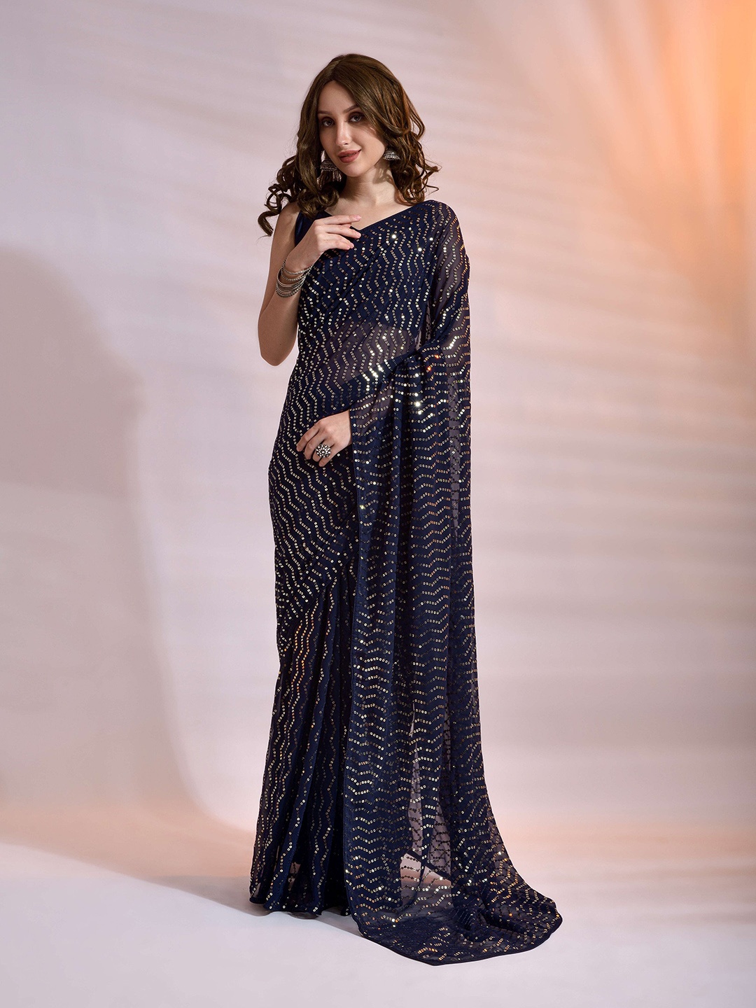 

Mitera Navy Blue & Gold-Toned Embellished Sequinned Pure Georgette Saree
