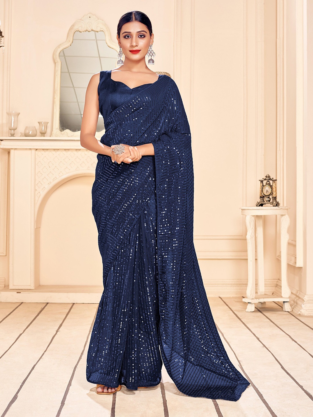 

Mitera Navy Blue Embellished Sequinned Pure Georgette Saree
