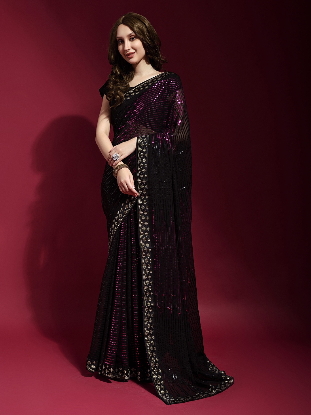 

Mitera Purple & Gold-Toned Embellished Sequinned Pure Georgette Saree