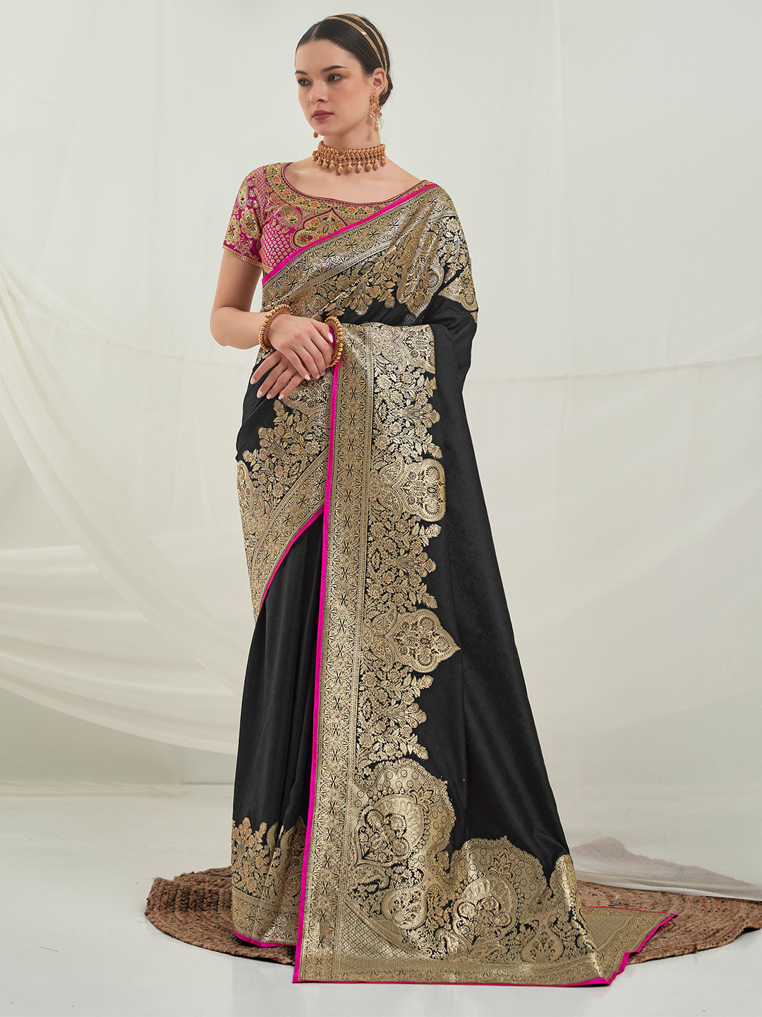 

Mitera Black & Pink Woven Design Zari Art Silk Saree