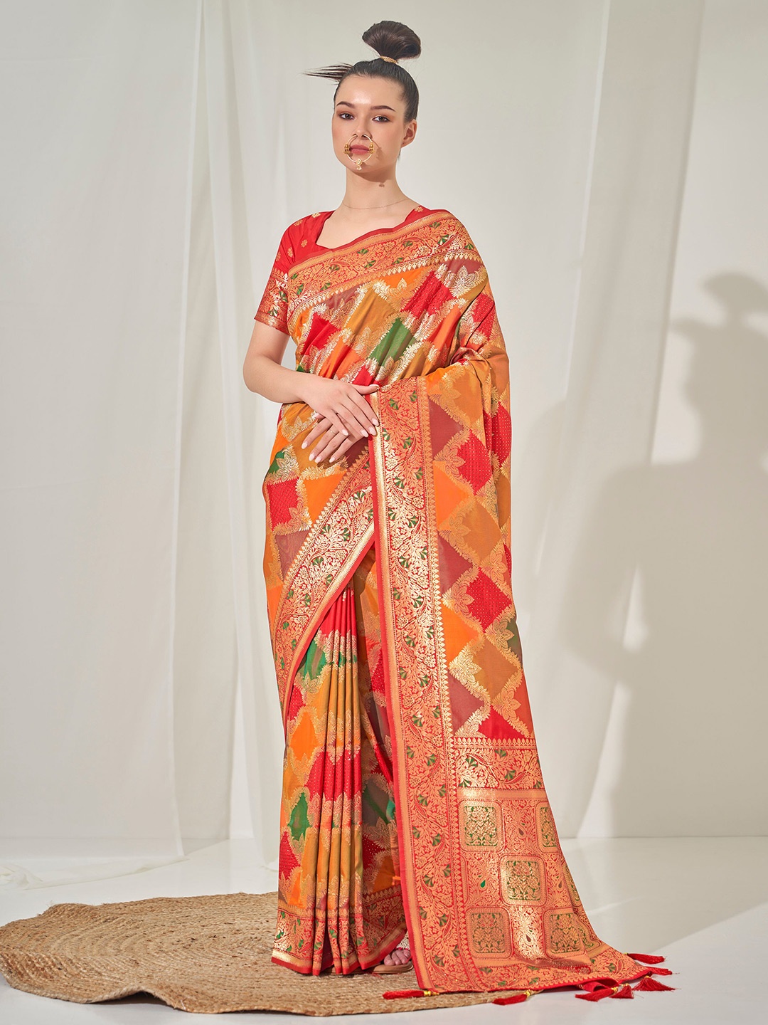 

Mitera Orange & Green Woven Design Zari Banarasi Saree