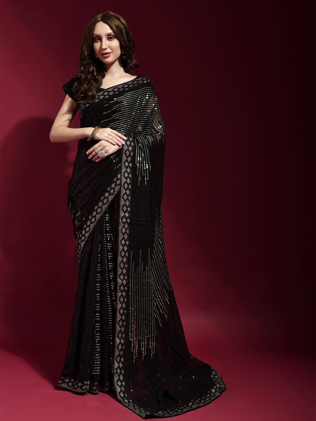 

Mitera Black & Gold-Toned Embellished Sequinned Pure Georgette Saree