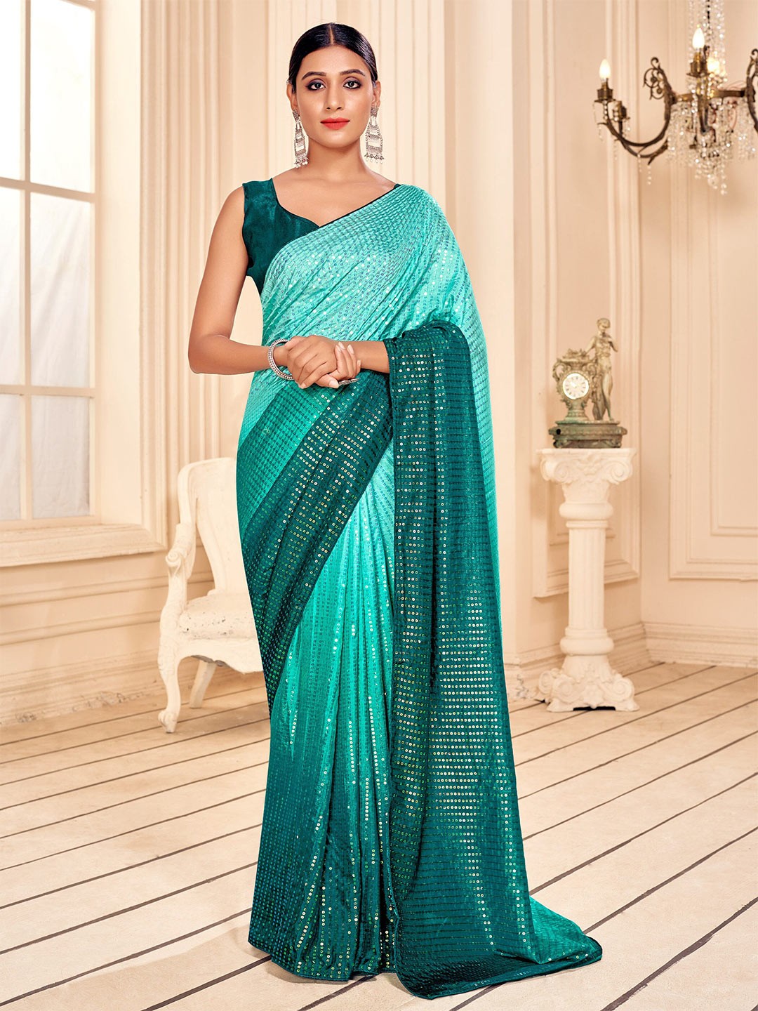 

Mitera Embellished Sequinned Art Silk Saree, Sea green