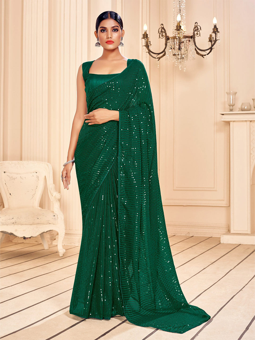 

Mitera Green Embellished Sequinned Pure Georgette Saree