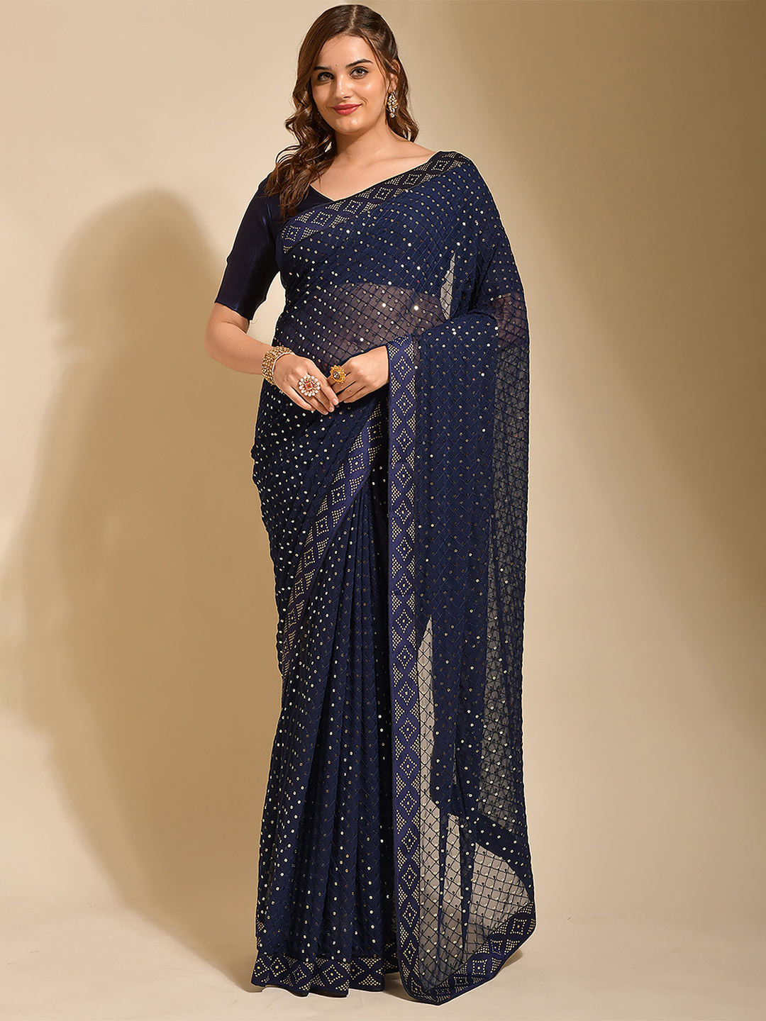 

Mitera Blue Embellished Sequinned Pure Georgette Saree, Navy blue