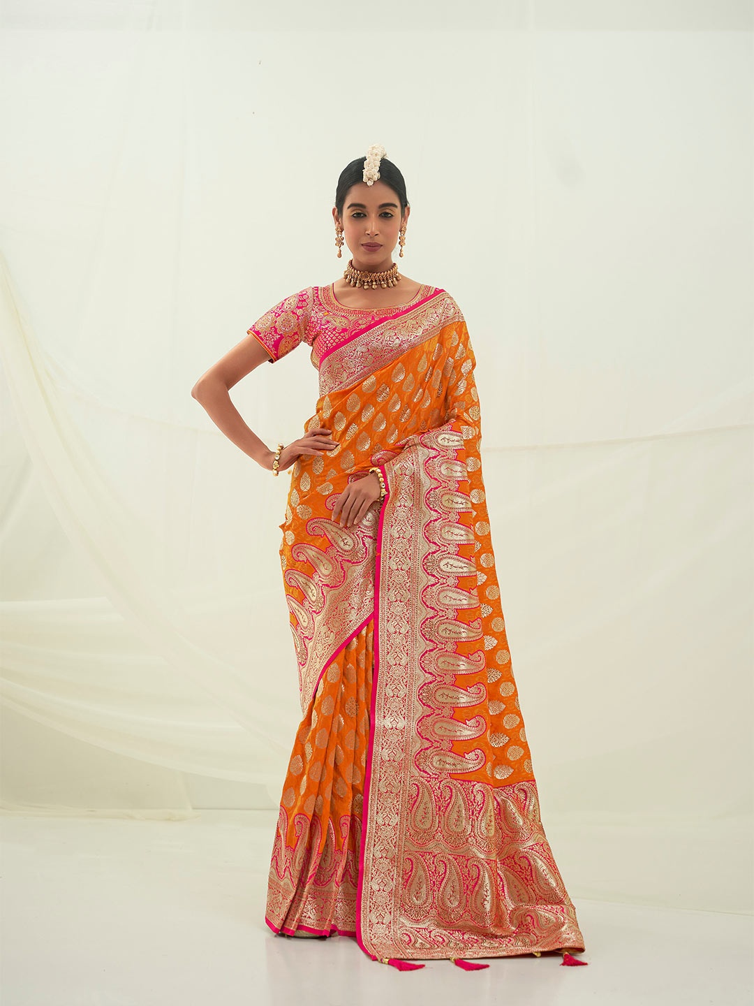 

Mitera Ethnic Motifs Woven Design Zari Art Silk Banarasi Saree, Orange