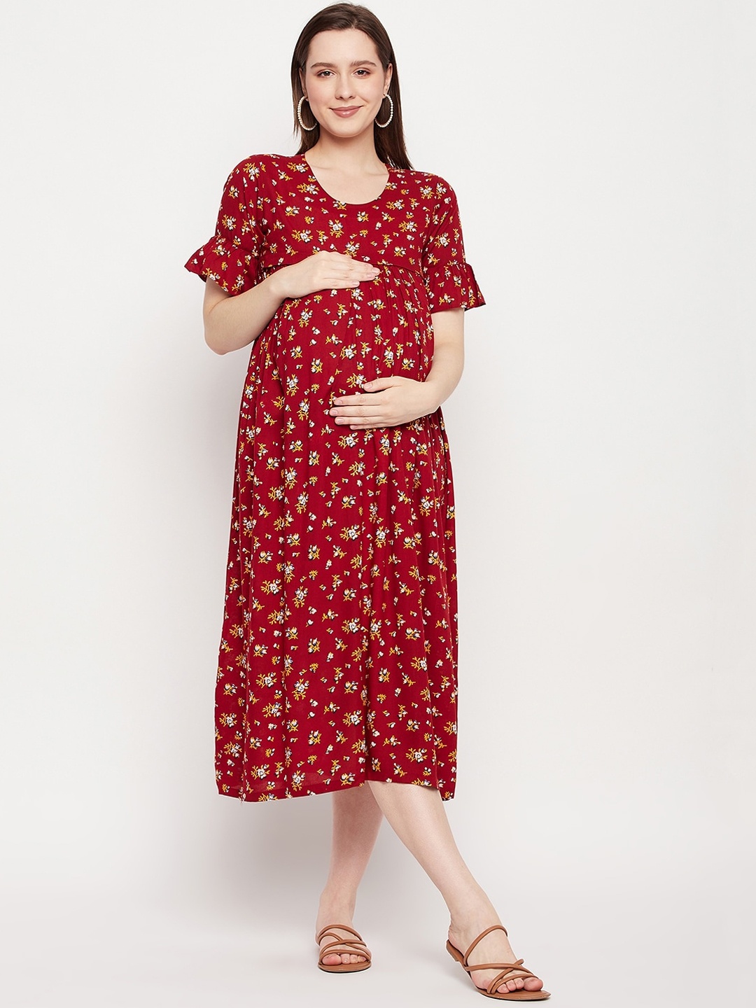 

NABIA Floral Printed Flared Maternity Dress, Maroon