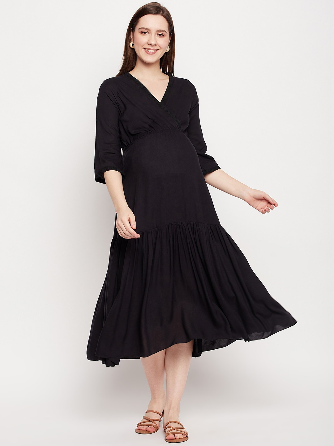 

NABIA V-Neck Maternity Fit And Flared Ethnic Dresses, Black