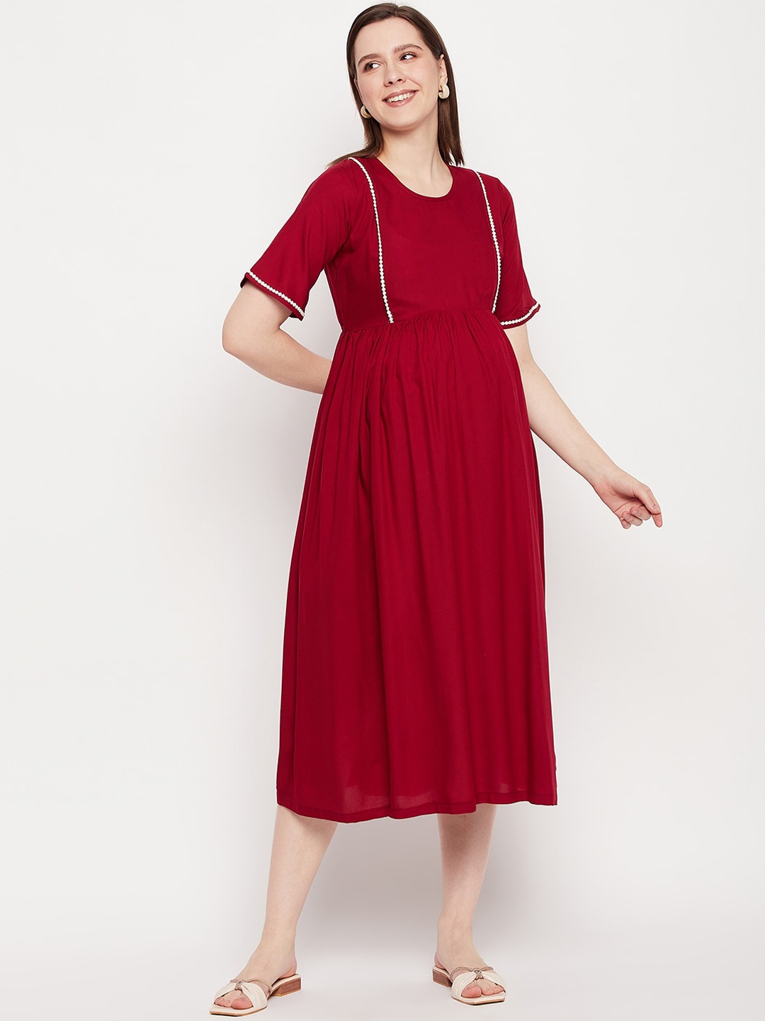 

NABIA Fit & Flare Lace Maternity Ethnic Dress, Maroon