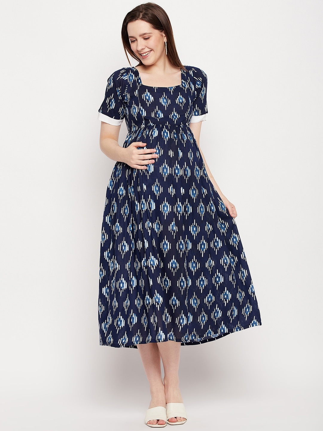 

NABIA Conversational Printed Square Neck Maternity Dress, Blue