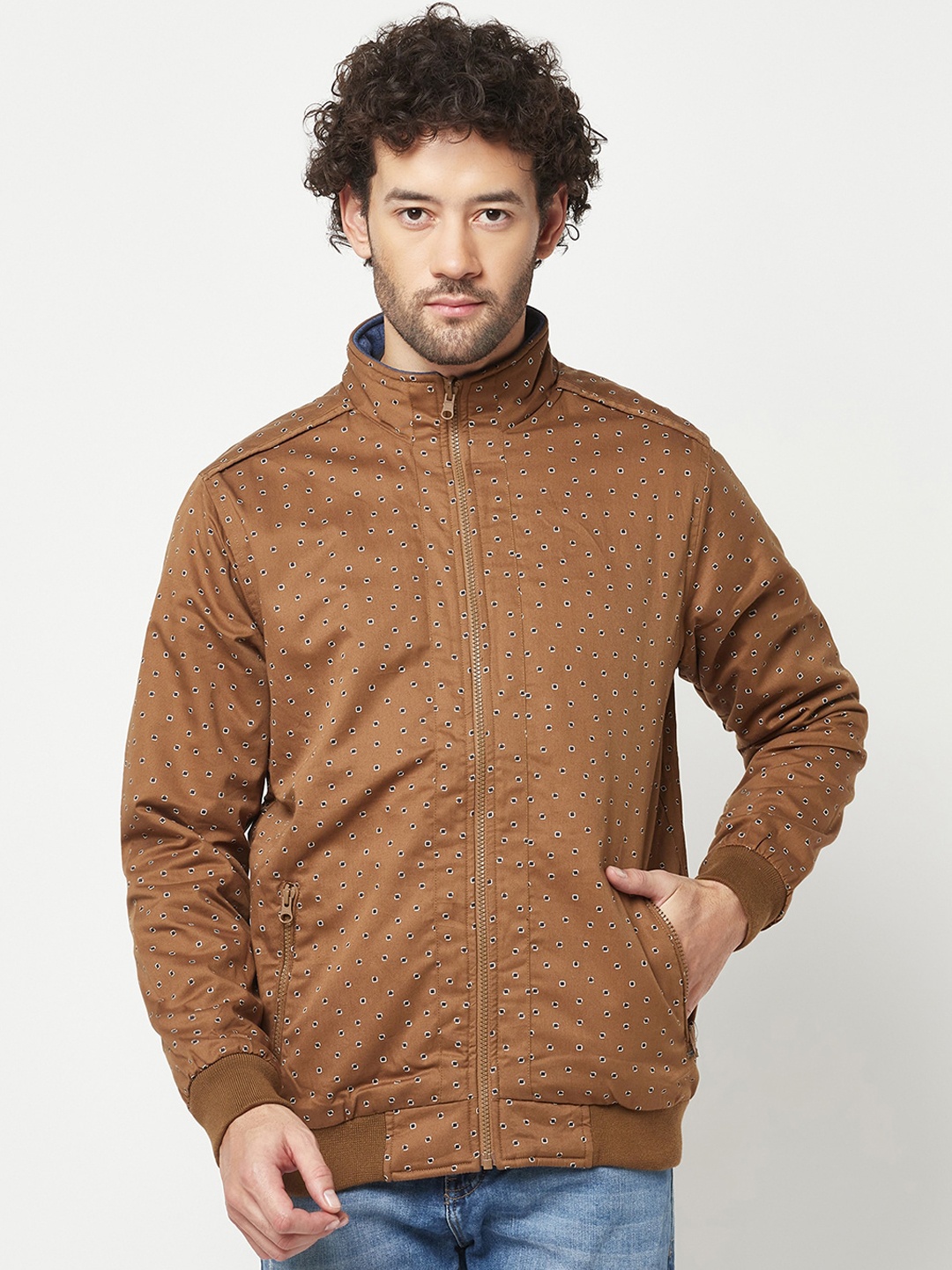 

Crimsoune Club Mock Collar Long Sleeves Bomber Jacket, Brown