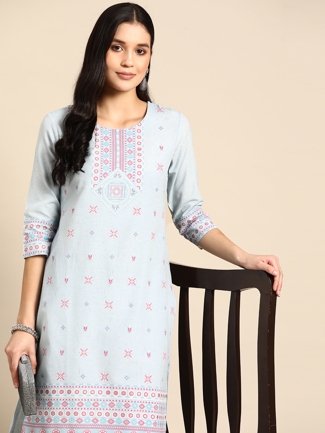 

Anouk Ethnic Motifs Foil Printed Pure Cotton Kurta, Blue