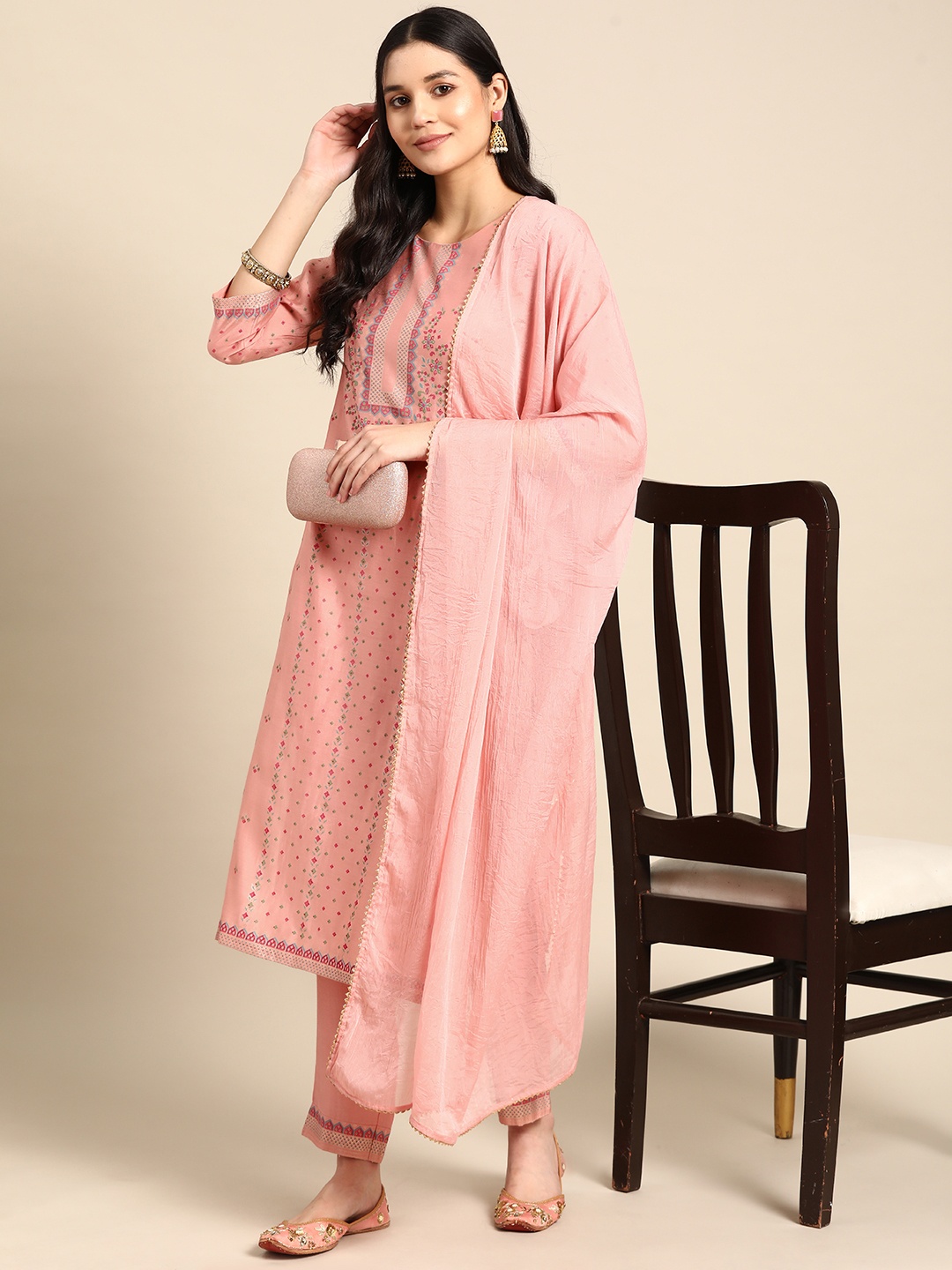 

Anouk Ethnic Motifs Foil Printed Regular Kurta With Trousers & Dupatta, Rose