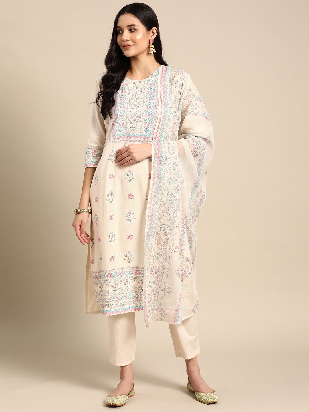 

Anouk Women Floral Khari Printed Pure Cotton Kurta With Trousers & Dupatta, Cream