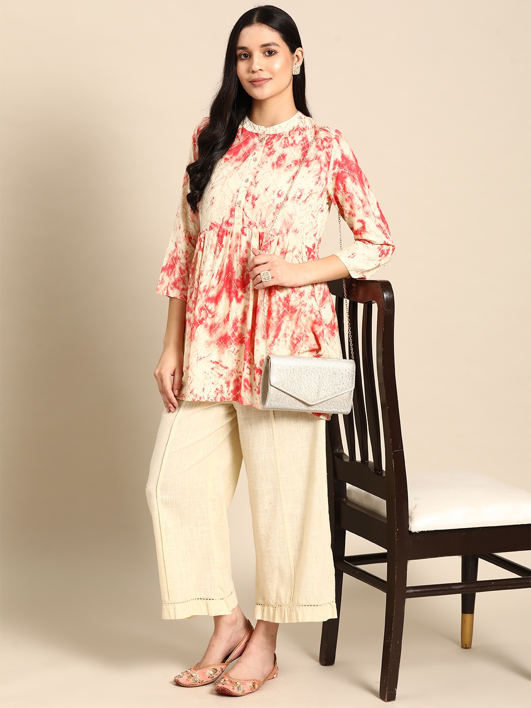 

Anouk Chevron Foil Printed Shibori Mandarin Collar Pleated Kurti, Pink