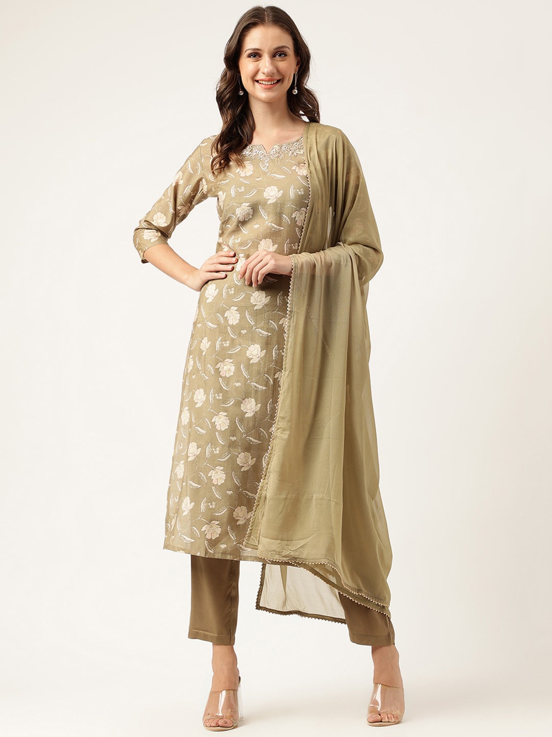 

Divena Floral Printed Gotta Patti Pure Cotton Kurta With Trousers & Dupatta, Olive