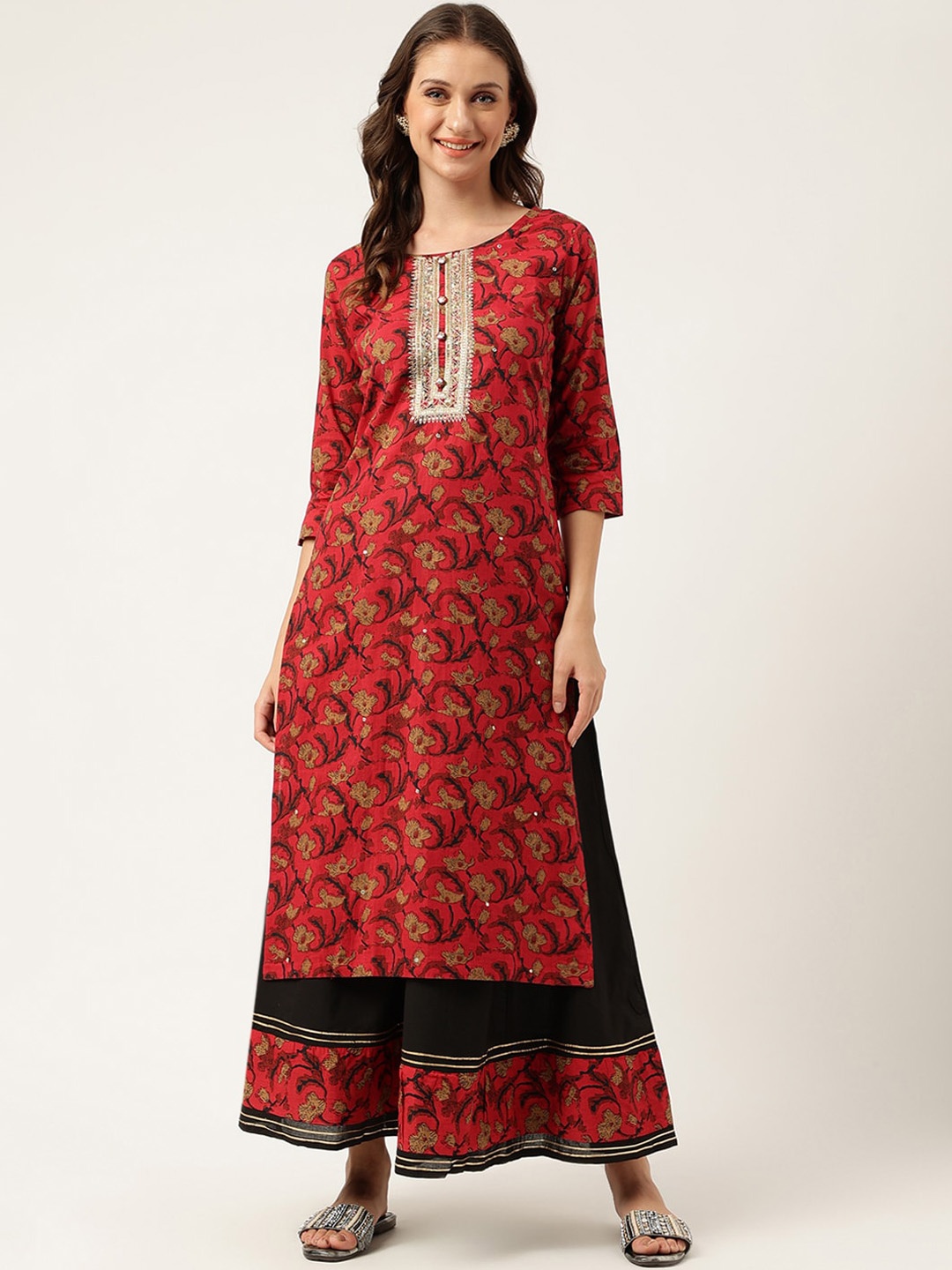 

Divena Floral Printed Sequinned Pure Cotton Kurta With Sharara, Maroon