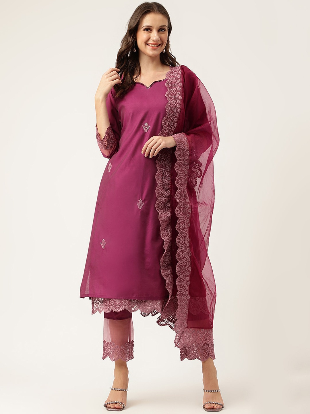 

Divena Ethnic Motifs Embroidered Sequinned Kurta With Trousers & Dupatta, Purple