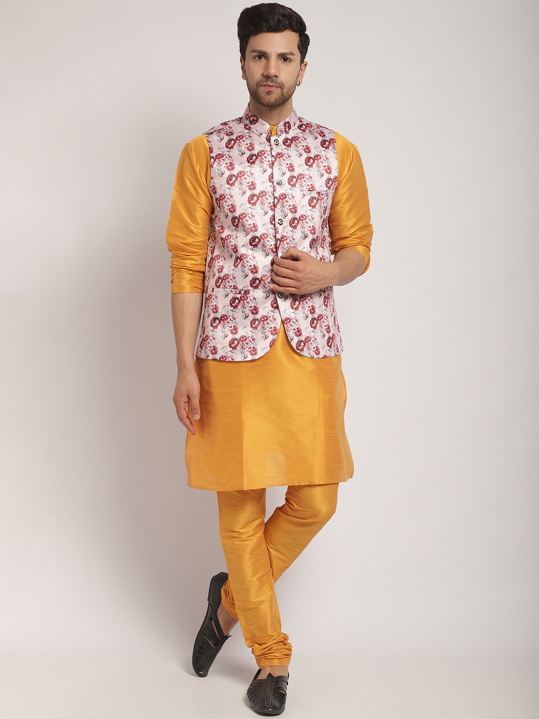 

Kaifoo Straight Kurta With Churidar Floral Printed Nehru Jacket, Mustard