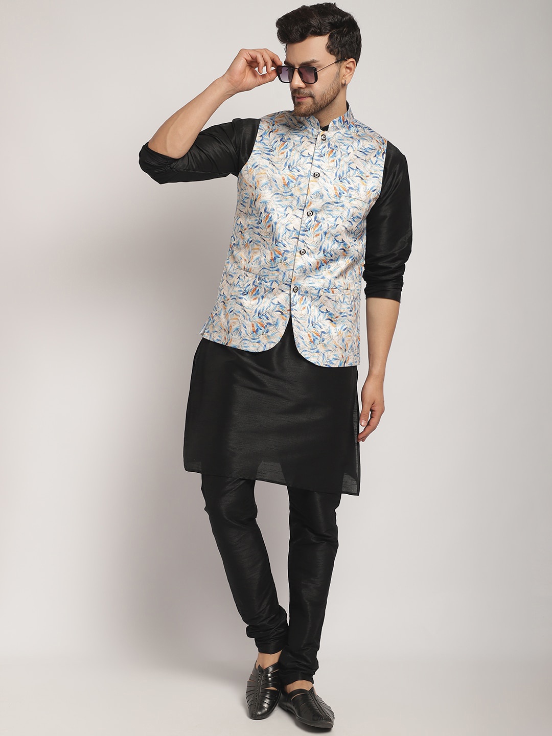 

Kaifoo Mandarin Collar Curved Kurta with Churidar & Nehru Jacket, Black