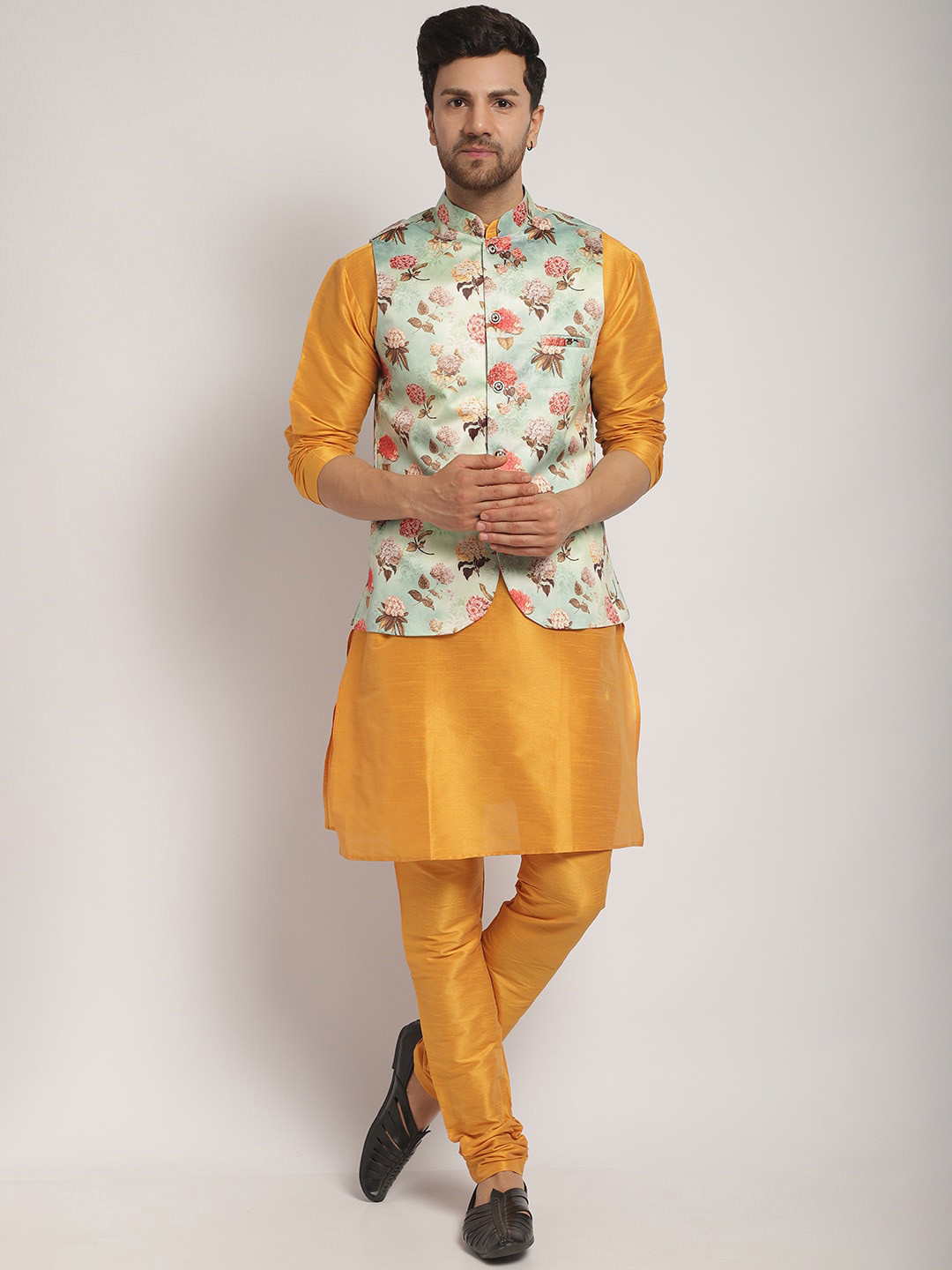 

Kaifoo Mandarin Collar Kurta with Churidar & Nehru Jacket, Mustard