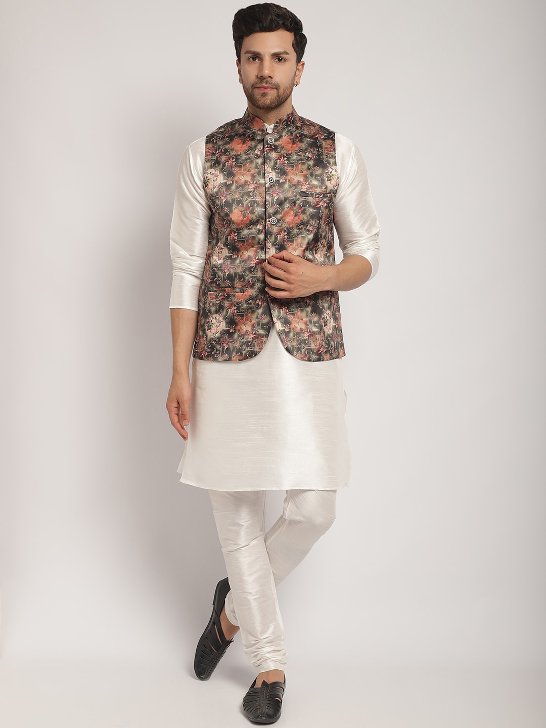 

Kaifoo Band Collar Kurta with Churidar & Nehru Jacket, Multi