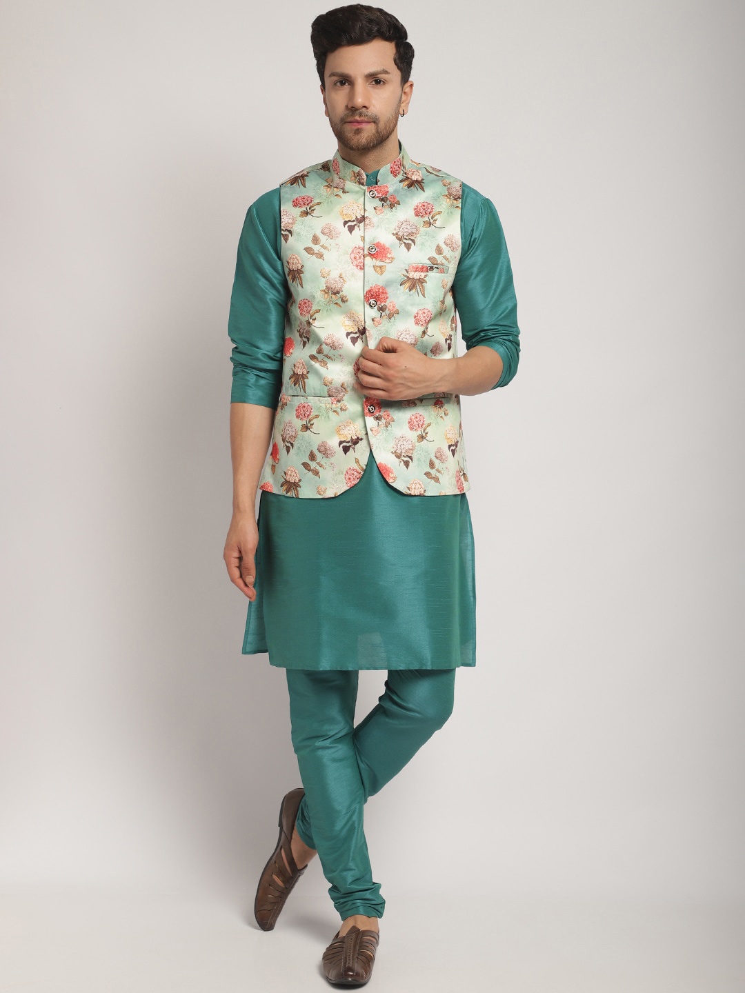 

Kaifoo Floral Printed Regular Kurta with Churidar & Nehru Jacket, Teal