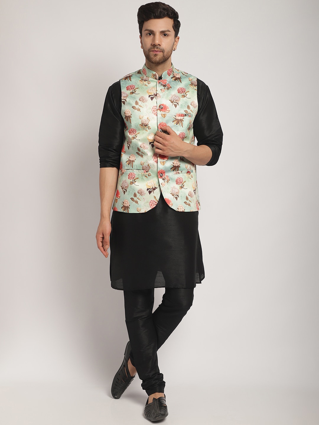 

Kaifoo Printed Kurta with Churidar & Nehru Jacket, Black