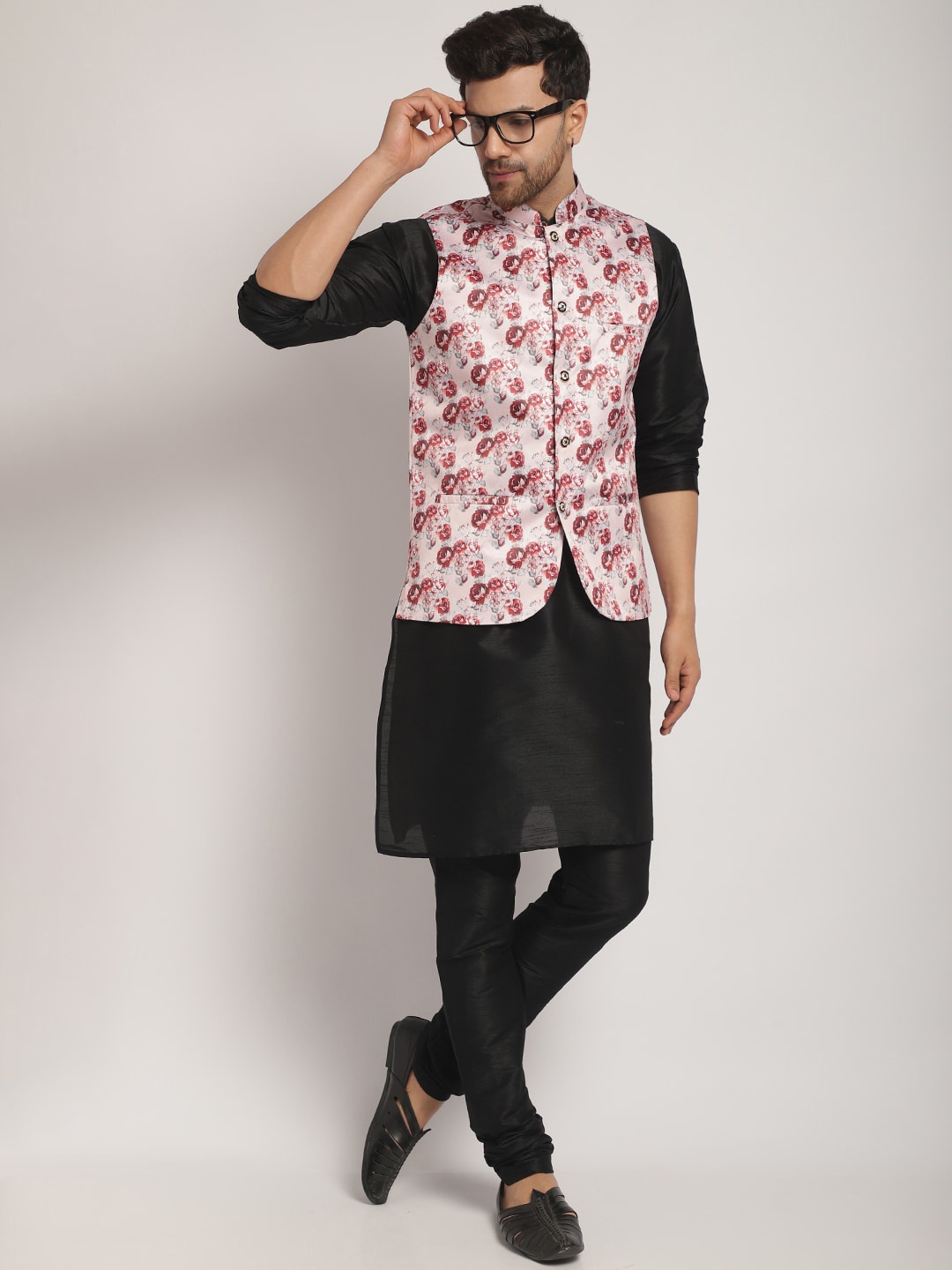 

Kaifoo Mandarin Collar Kurta with Churidar & Nehru Jacket, Black