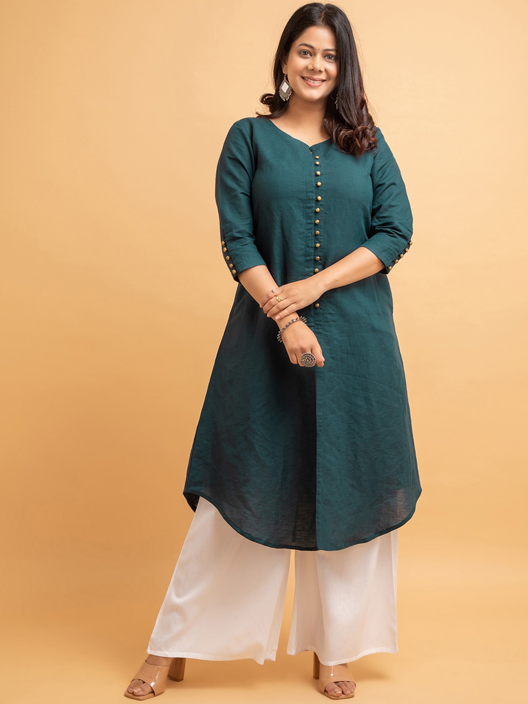 

SUTI Round Neck A-Line Cotton Linen Kurta, Green