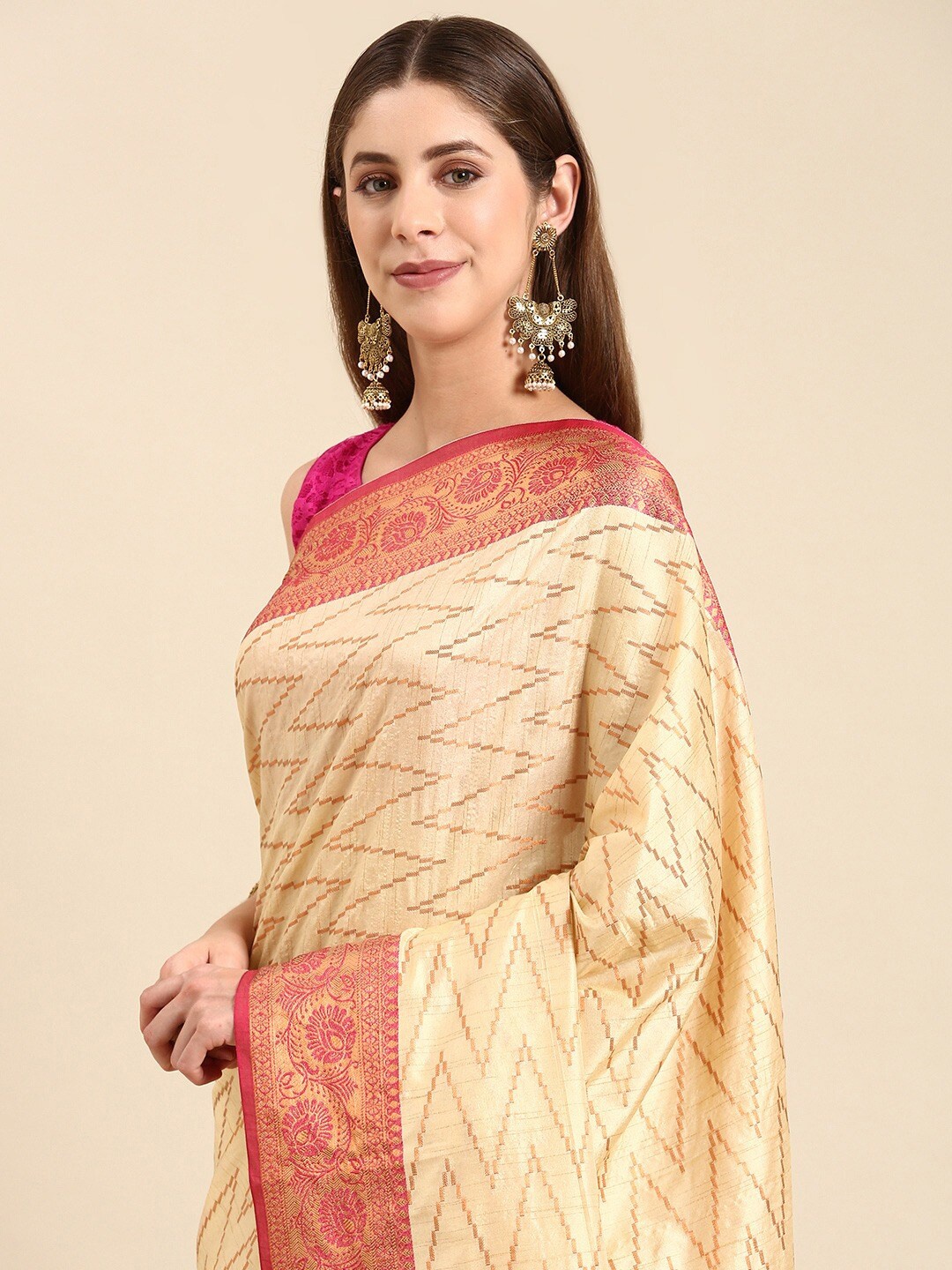 

Mitera Cream-Coloured Woven Design Zari Silk Blend Banarasi Saree
