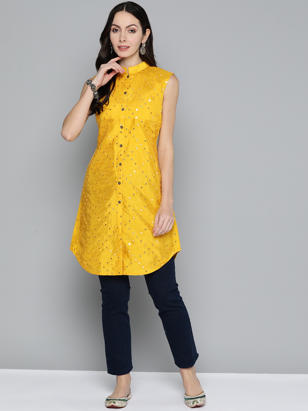 

Jompers Women Geometric Embroidered Mirror Work Kurta, Mustard