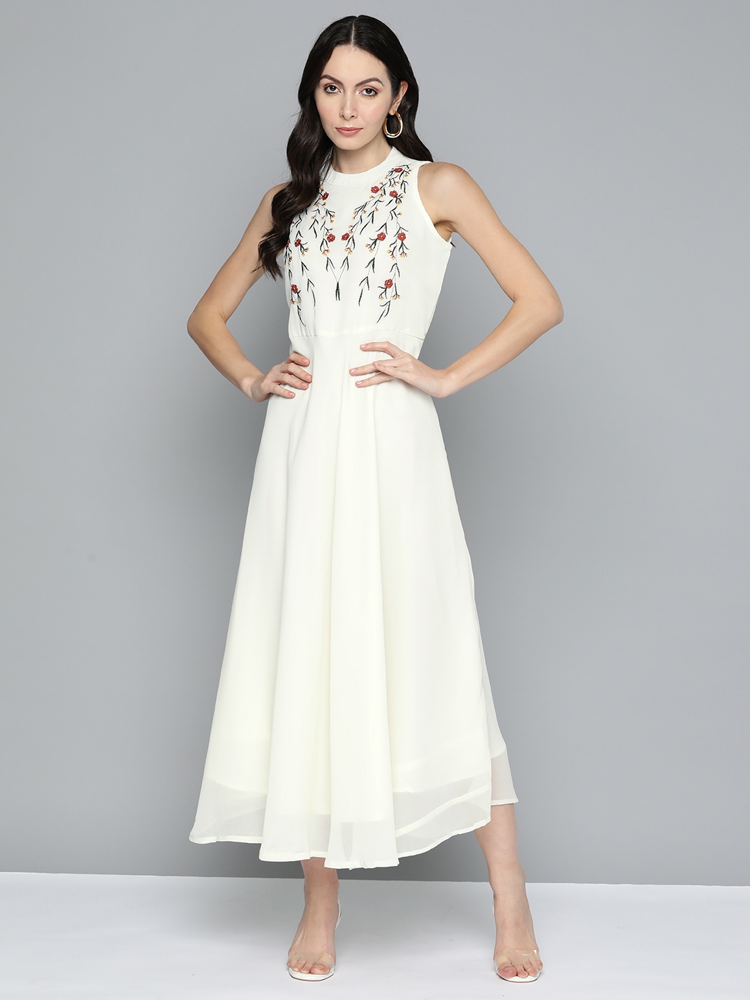 

Jompers Floral Embroidered Georgette A-Line Maxi Dress, Off white