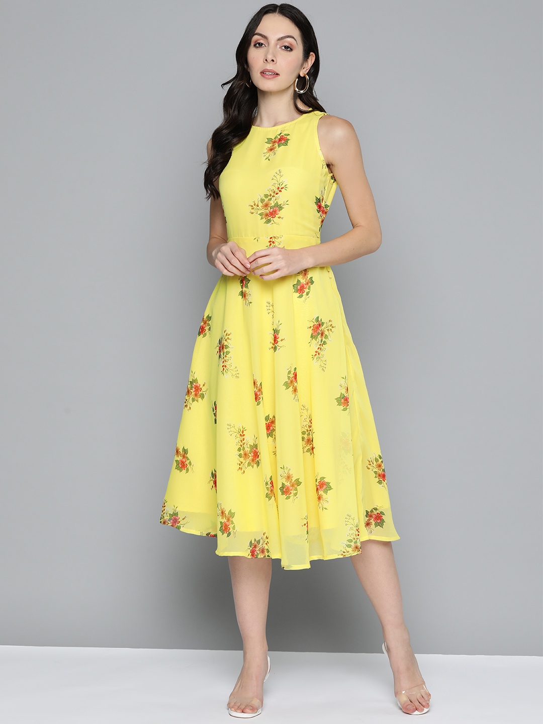 

Jompers Floral Print Georgette A-Line Midi Dress, Yellow