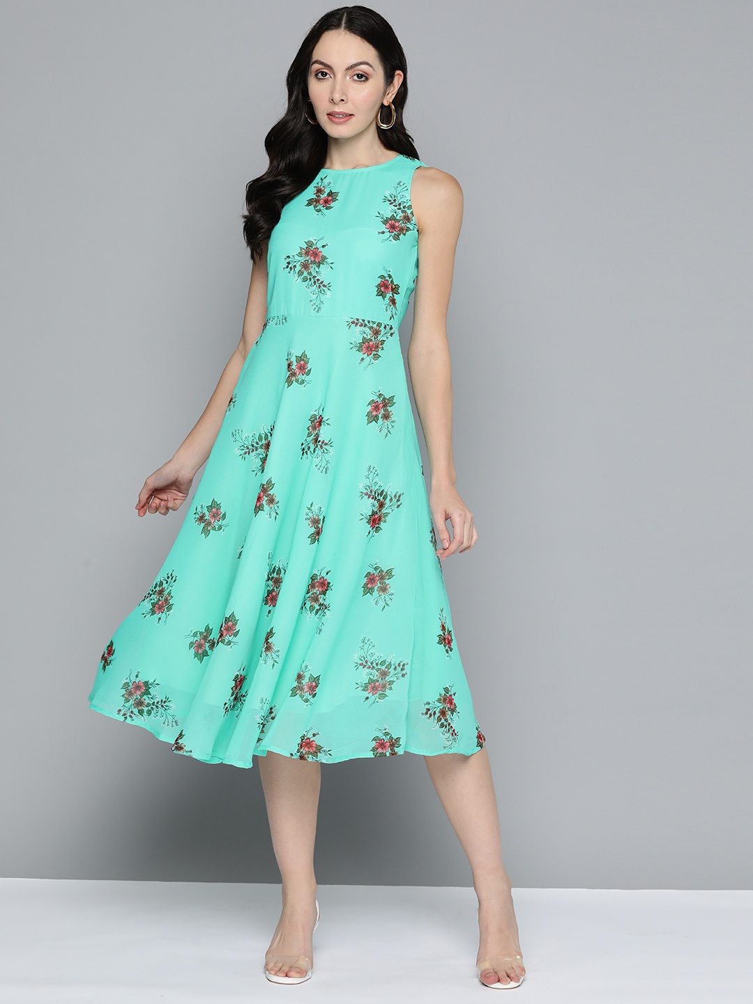 

Jompers Floral Print Georgette A-Line Midi Dress, Turquoise blue