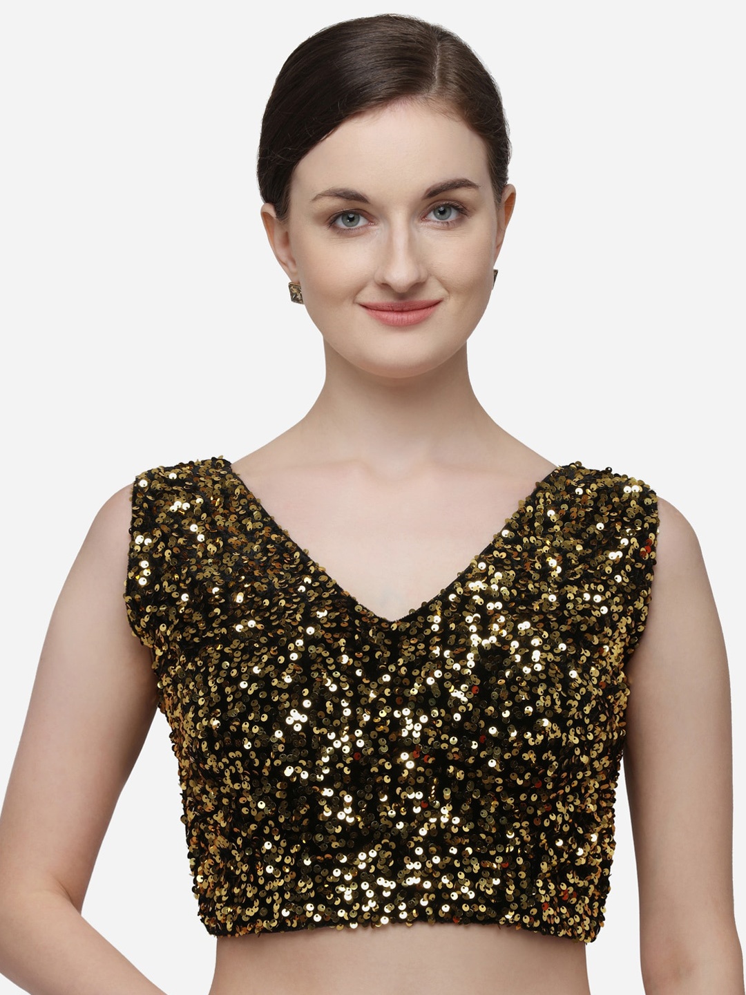 

Fab Dadu Embellished Sequences V-Neck Saree Blouse, Gold