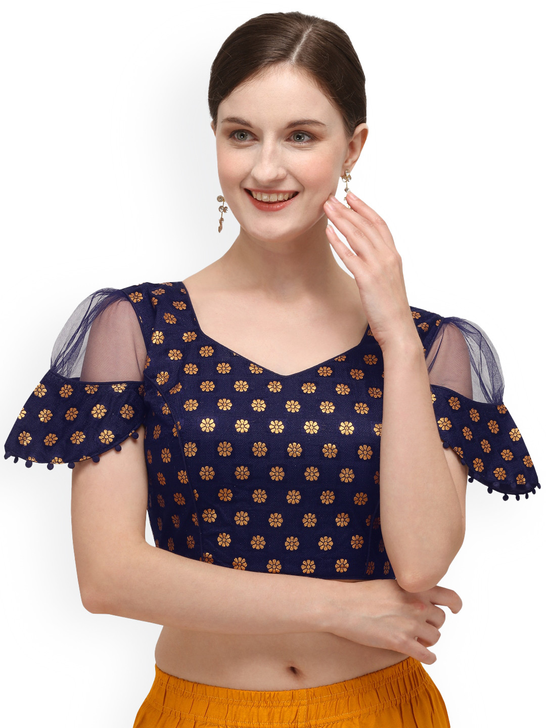 

Fab Dadu Printed Sweetheart Neck Saree Blouse, Navy blue