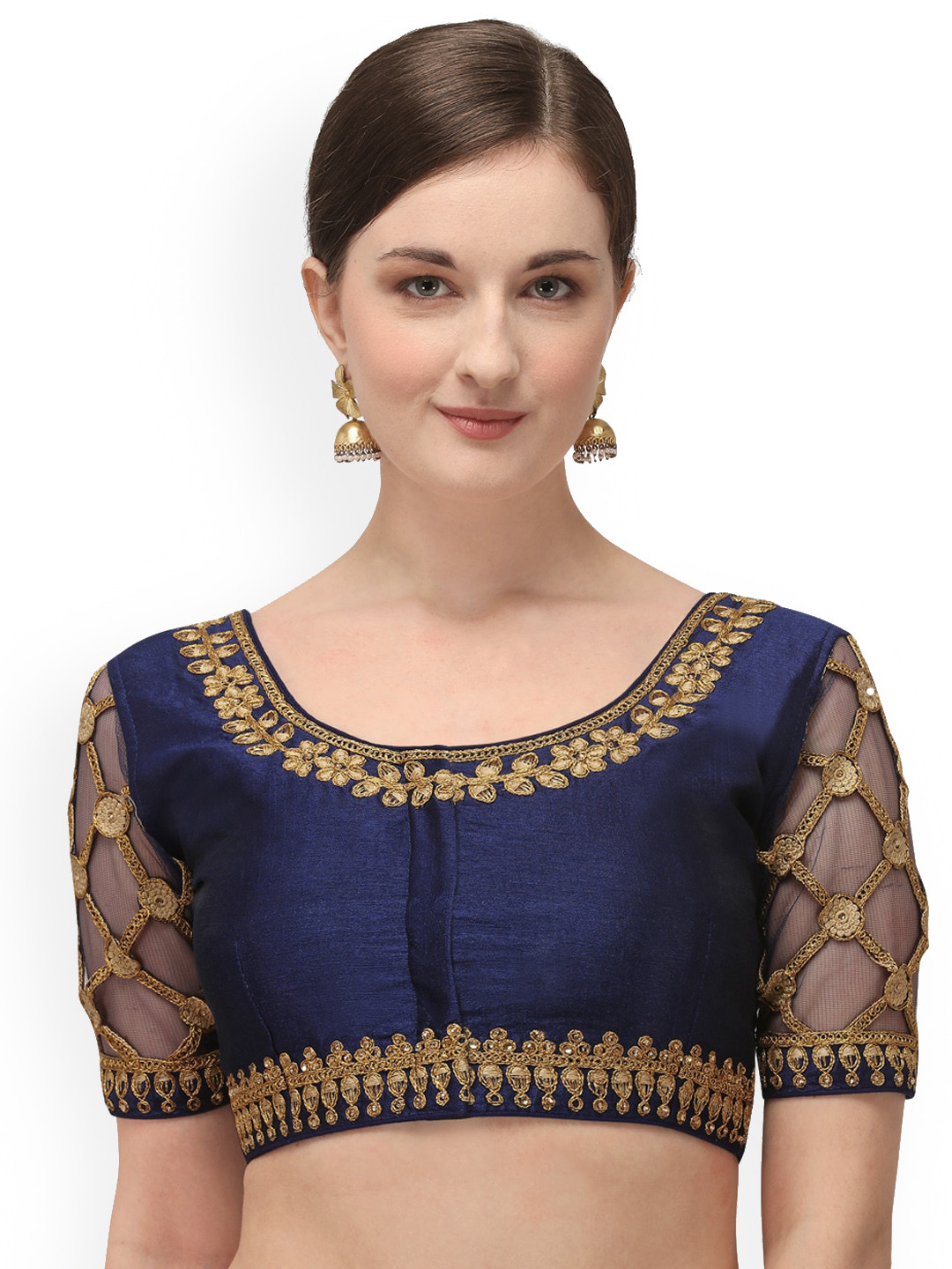 

Fab Dadu Embroidered Silk Round Neck Saree Blouse, Navy blue