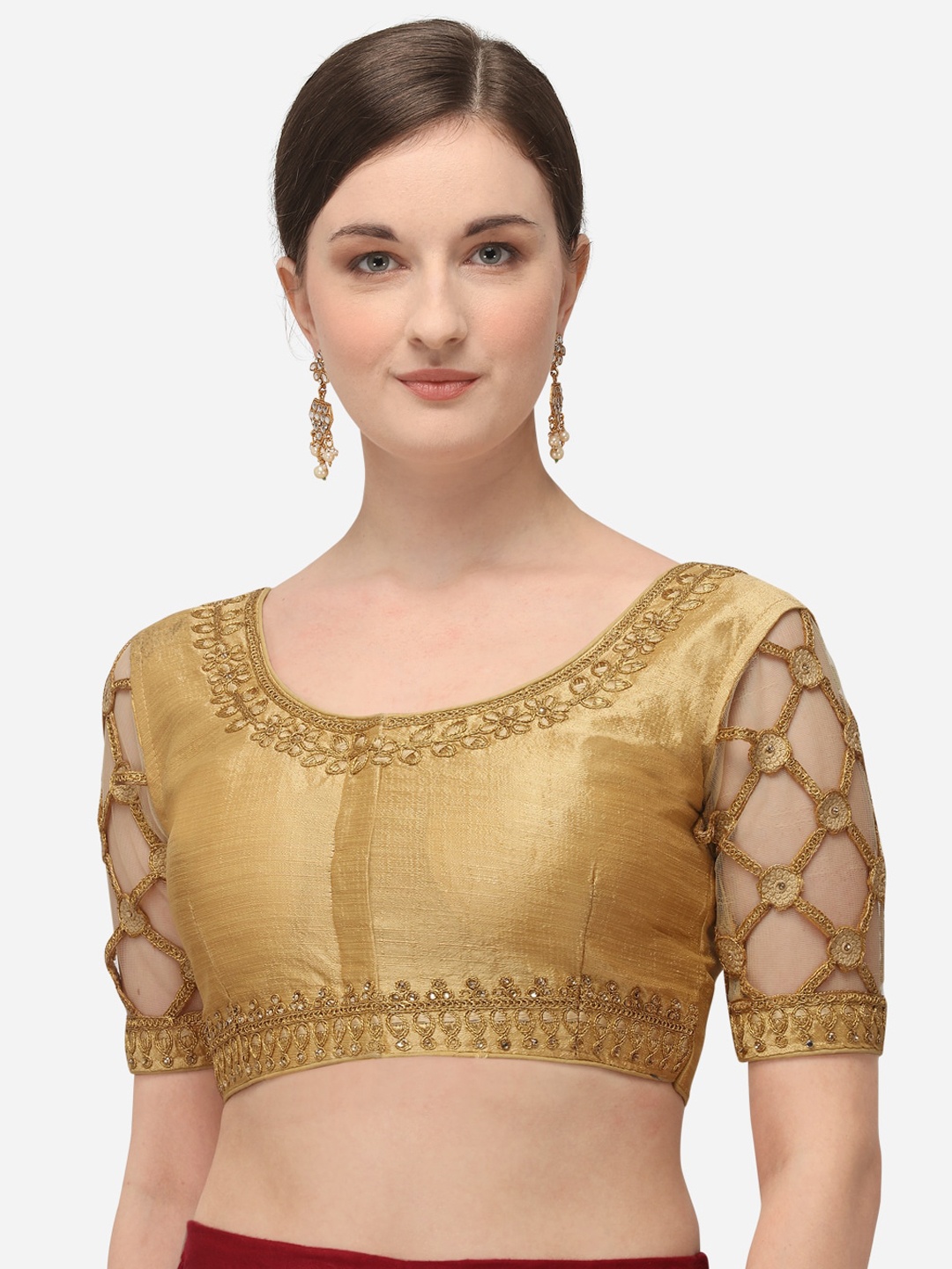 

Fab Dadu Embroidered Round Neck Saree Blouse, Beige