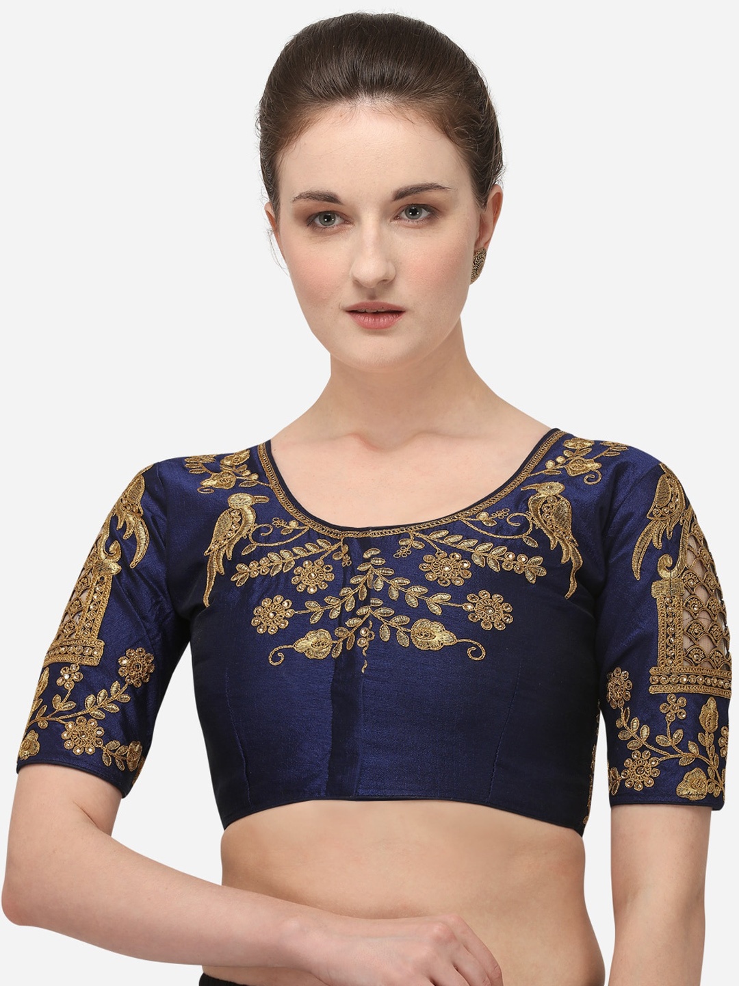 

Fab Dadu Embroidered Round Neck Saree Blouse, Navy blue