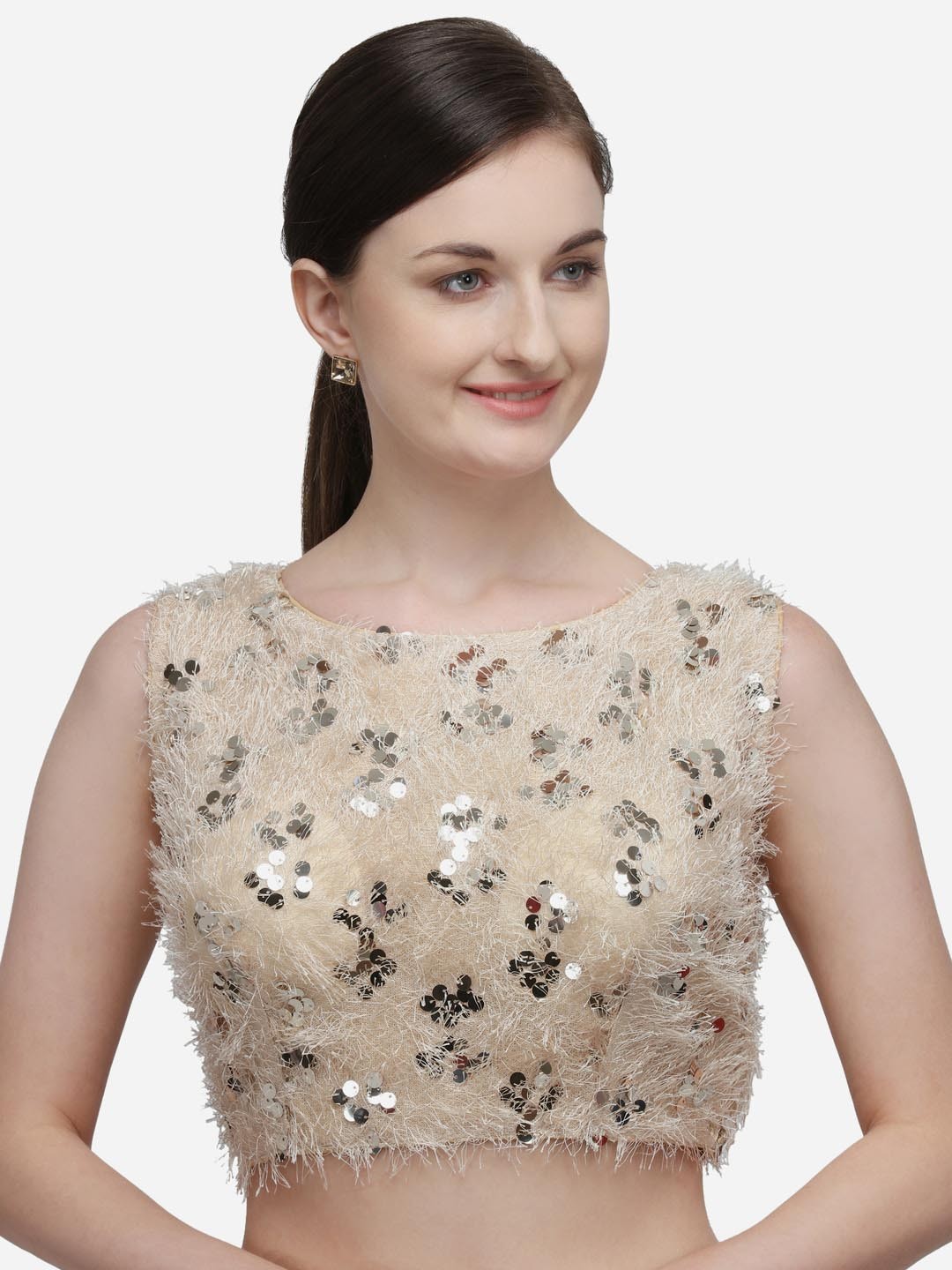 

Fab Dadu Embellished Boat Neck Silk Saree Blouse, Beige